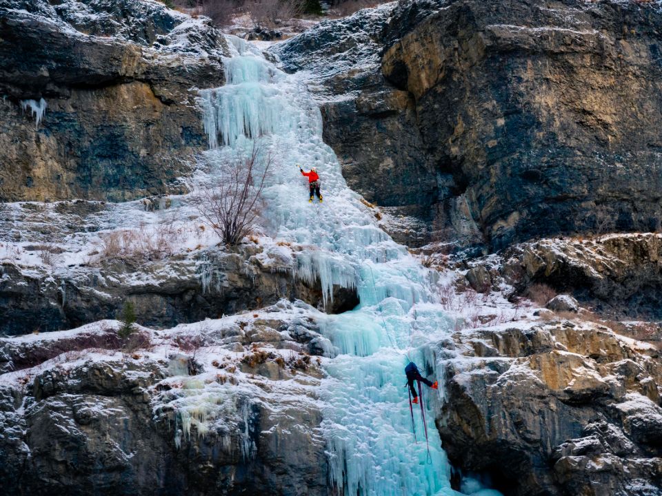 Ice climbers near Bridal Veil Falls in Provo Utah